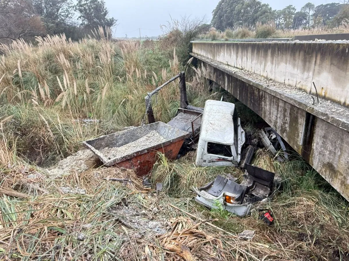 Un camión cayó al arroyo desde un puente de la Ruta 88